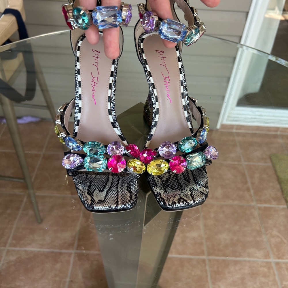 Betsey Johnson Jewel-Embellished Snake Print Heels